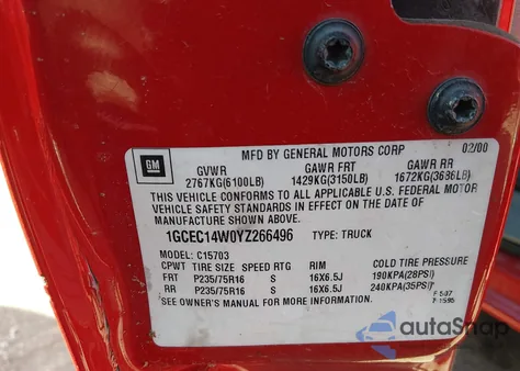 2000 Chevrolet Silverado 1500 from USA, damaged, VIN 1GCEC14W0YZ266496